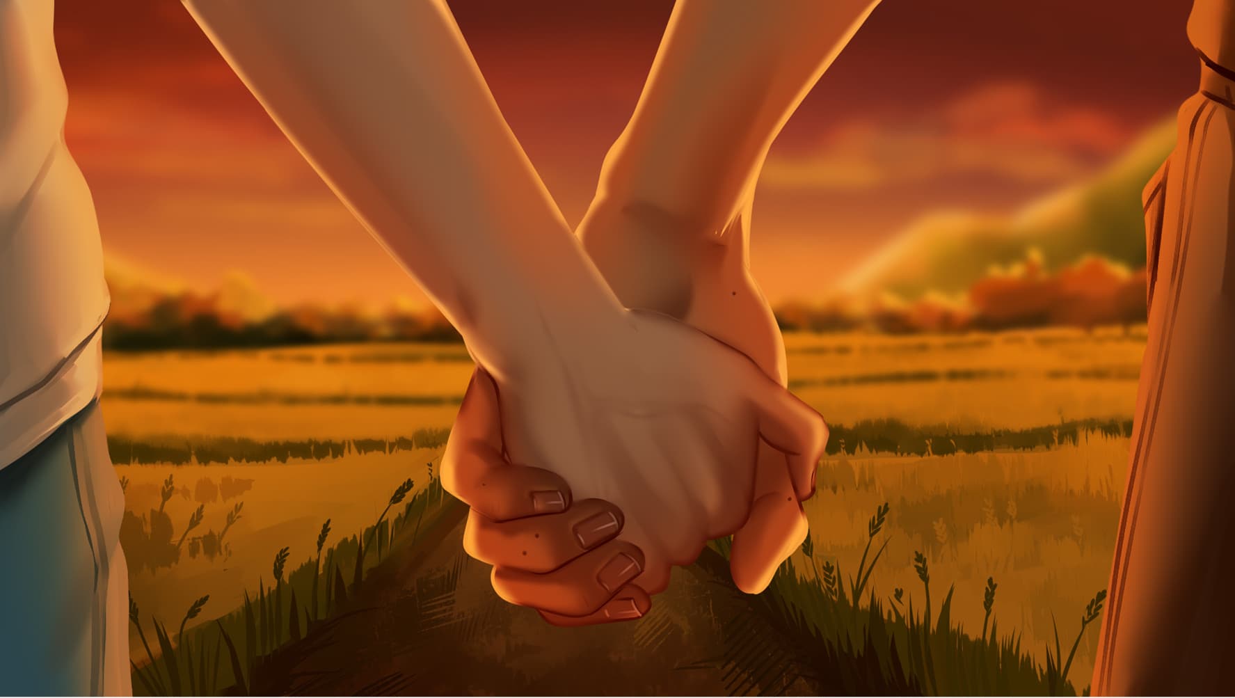 The False Sun official screenshot of two characters holding hands